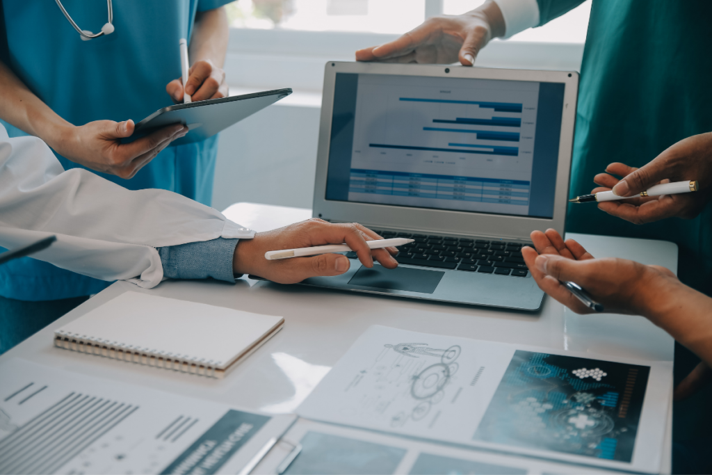 international team of health care professional using laptop of insights