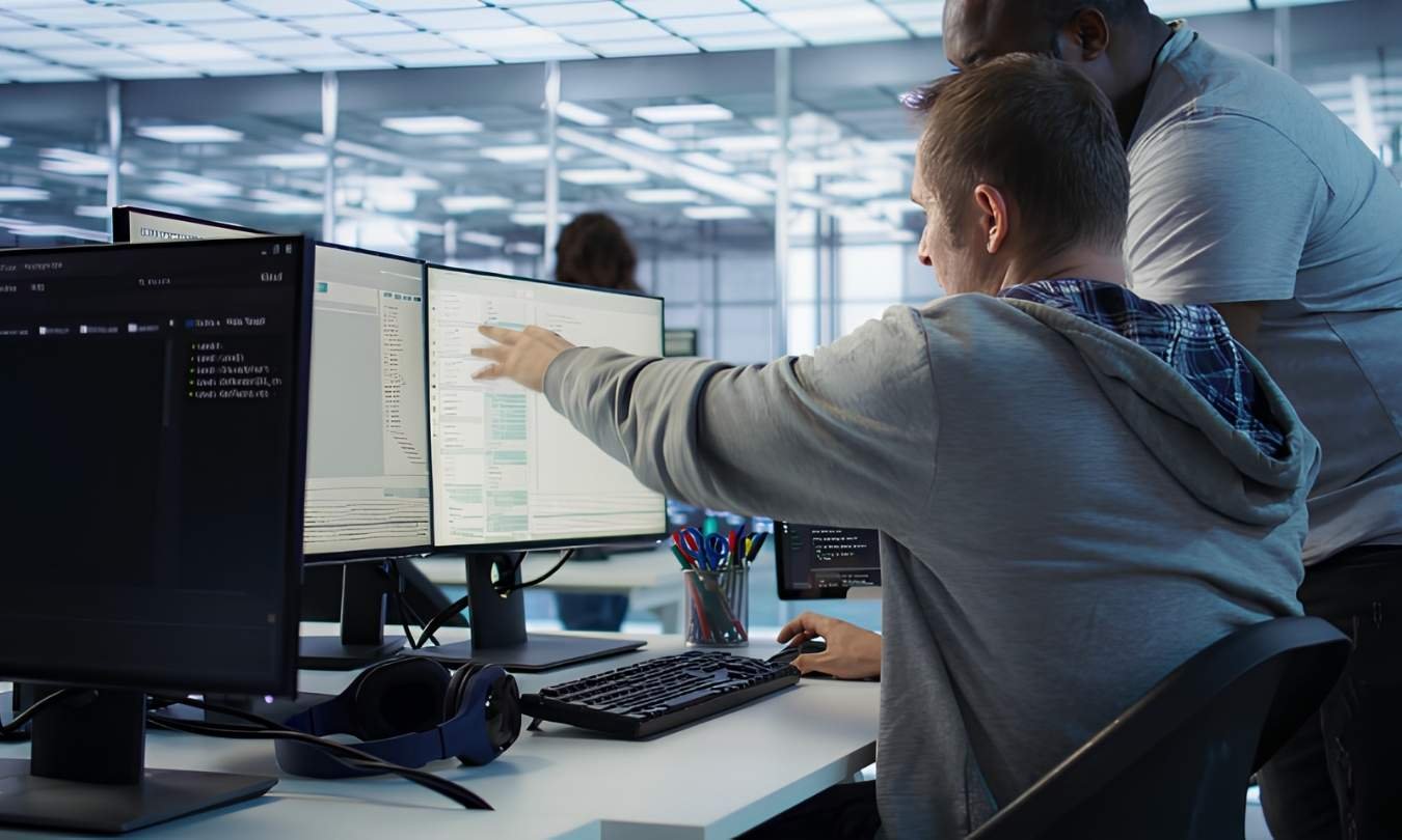 two men looking and pointing at the computers
